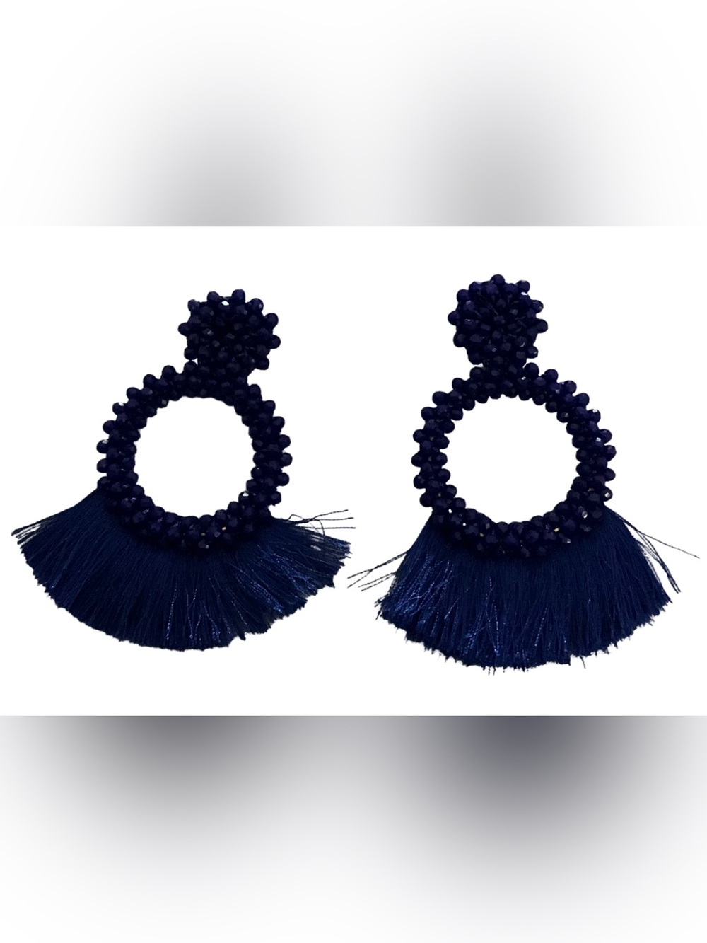 Navy Blue Beaded Tassel Statement Earrings Fringe Hoop Drop Earrings